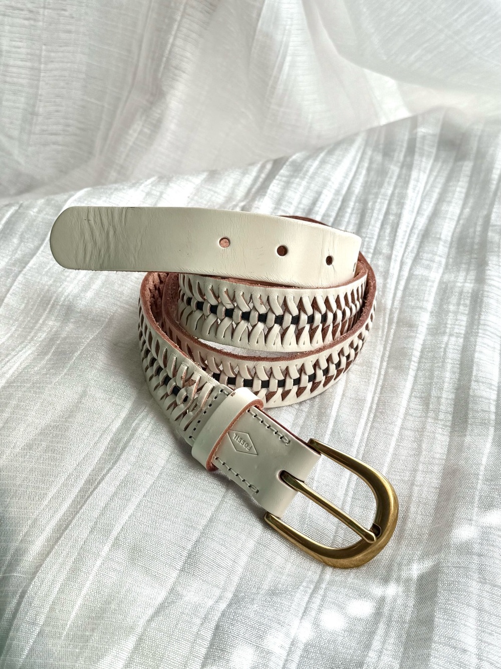 Fossil Cream Woven Leather Belt with Brass-Tone Buckle